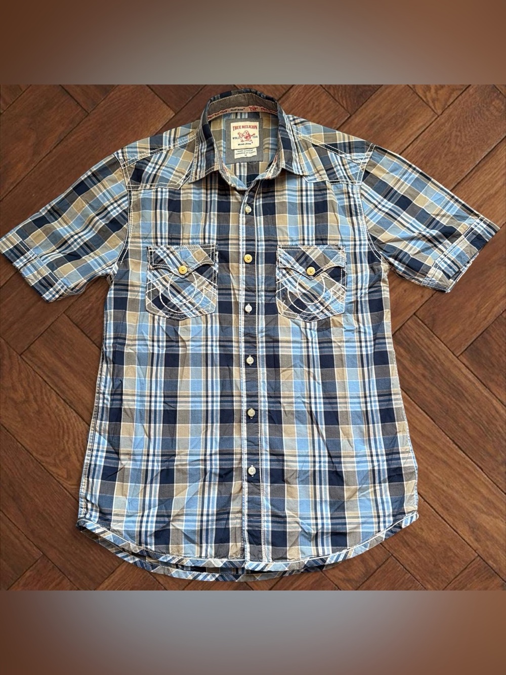 True Religion Men's Medium Blue Plaid Western Button/Snap Short Sleeve Shirt